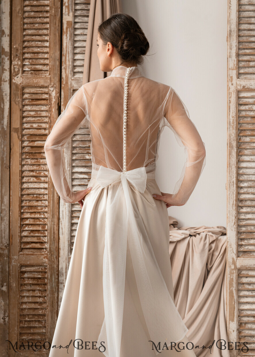 BRIDE bolero, robes, garter LACE WEDDING BOLERO Ivory tulle Wedding bolero long sleeve with bow scarf, Wedding Dress Topper, Bridal Coverup, Mesh Blouse for Bride, Bridal Tulle Blouse, dress capalet