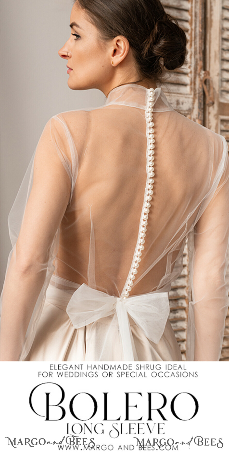 BRIDE bolero, robes, garter LACE WEDDING BOLERO Ivory tulle Wedding bolero long sleeve with bow scarf, Wedding Dress Topper, Bridal Coverup, Mesh Blouse for Bride, Bridal Tulle Blouse, dress capalet