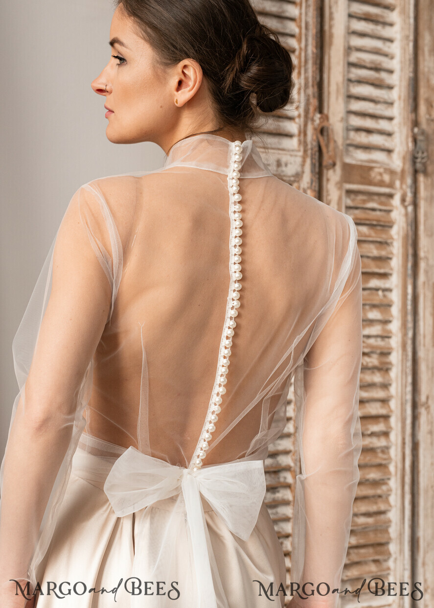 BRIDE bolero, robes, garter LACE WEDDING BOLERO Ivory tulle Wedding bolero long sleeve with bow scarf, Wedding Dress Topper, Bridal Coverup, Mesh Blouse for Bride, Bridal Tulle Blouse, dress capalet