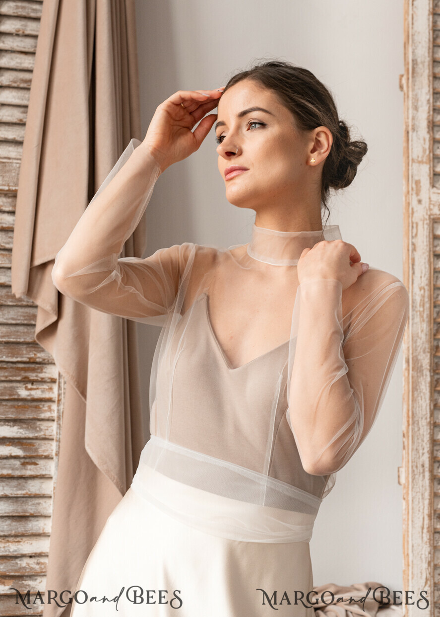 BRIDE bolero, robes, garter LACE WEDDING BOLERO Ivory tulle Wedding bolero long sleeve with bow scarf, Wedding Dress Topper, Bridal Coverup, Mesh Blouse for Bride, Bridal Tulle Blouse, dress capalet