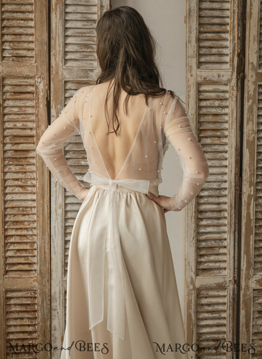 BRIDE bolero, robes, garter LACE WEDDING BOLERO Ivory tulle Beaded Bare Back Wedding bolero long sleeve, Shrug Women Wedding, Bridal Coverup with pearls , Ivory Blouse for Bride, Bridal Tulle Blouse, dress capalet