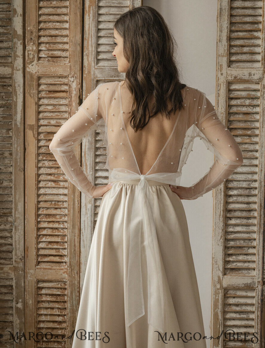 BRIDE bolero, robes, garter LACE WEDDING BOLERO Ivory tulle Beaded Bare Back Wedding bolero long sleeve, Shrug Women Wedding, Bridal Coverup with pearls , Ivory Blouse for Bride, Bridal Tulle Blouse, dress capalet