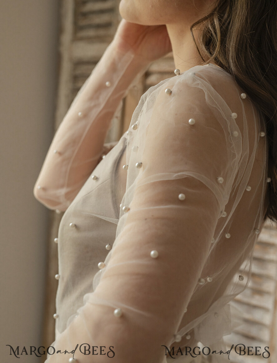 BRIDE bolero, robes, garter LACE WEDDING BOLERO Ivory tulle Beaded Bare Back Wedding bolero long sleeve, Shrug Women Wedding, Bridal Coverup with pearls , Ivory Blouse for Bride, Bridal Tulle Blouse, dress capalet