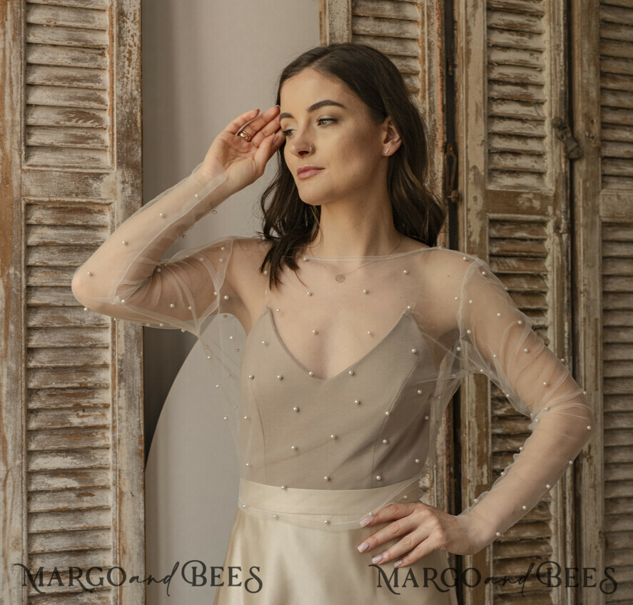 BRIDE bolero, robes, garter LACE WEDDING BOLERO Ivory tulle Beaded Bare Back Wedding bolero long sleeve, Shrug Women Wedding, Bridal Coverup with pearls , Ivory Blouse for Bride, Bridal Tulle Blouse, dress capalet