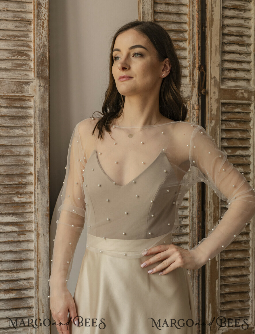 BRIDE bolero, robes, garter LACE WEDDING BOLERO Ivory tulle Beaded Bare Back Wedding bolero long sleeve, Shrug Women Wedding, Bridal Coverup with pearls , Ivory Blouse for Bride, Bridal Tulle Blouse, dress capalet
