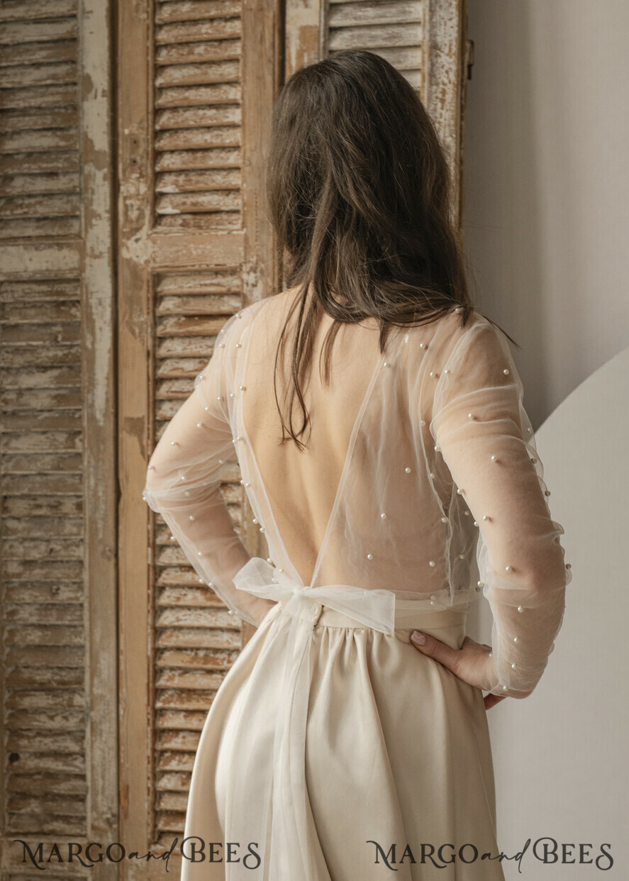 BRIDE bolero, robes, garter LACE WEDDING BOLERO Ivory tulle Beaded Bare Back Wedding bolero long sleeve, Shrug Women Wedding, Bridal Coverup with pearls , Ivory Blouse for Bride, Bridal Tulle Blouse, dress capalet