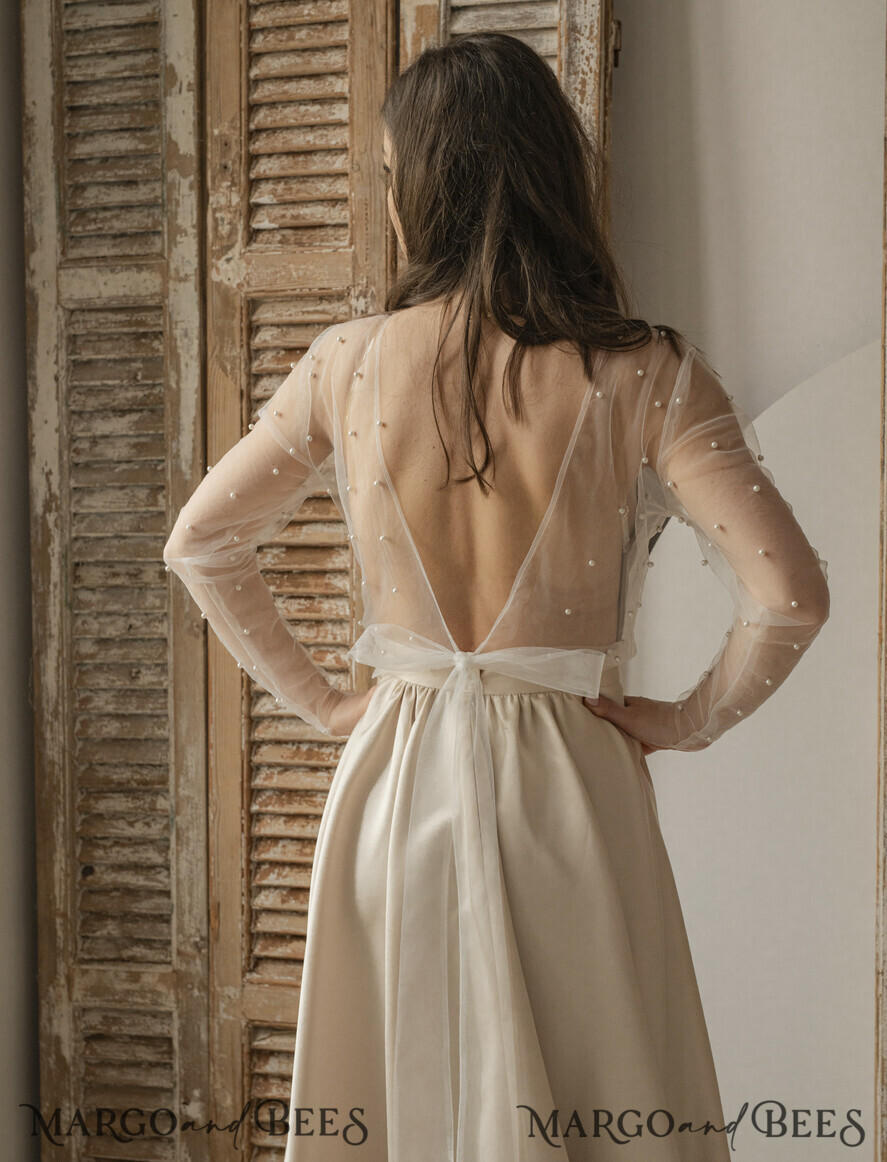 BRIDE bolero, robes, garter LACE WEDDING BOLERO Ivory tulle Beaded Bare Back Wedding bolero long sleeve, Shrug Women Wedding, Bridal Coverup with pearls , Ivory Blouse for Bride, Bridal Tulle Blouse, dress capalet