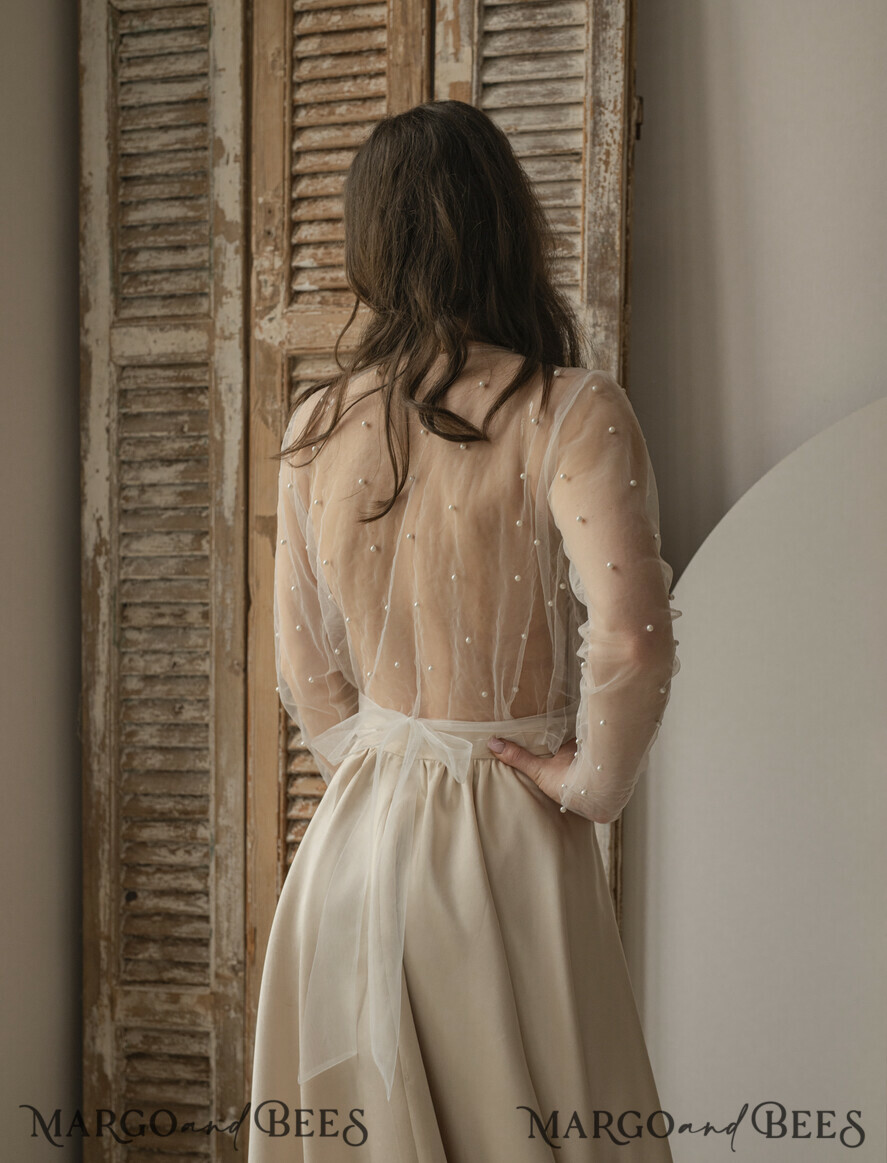 BRIDE bolero, robes, garter LACE WEDDING BOLERO Ivory tulle Beaded Wedding bolero long sleeve, Shrug Women Wedding, Bridal Coverup with pearls , Ivory Blouse for Bride, Bridal Tulle Blouse, dress capalet