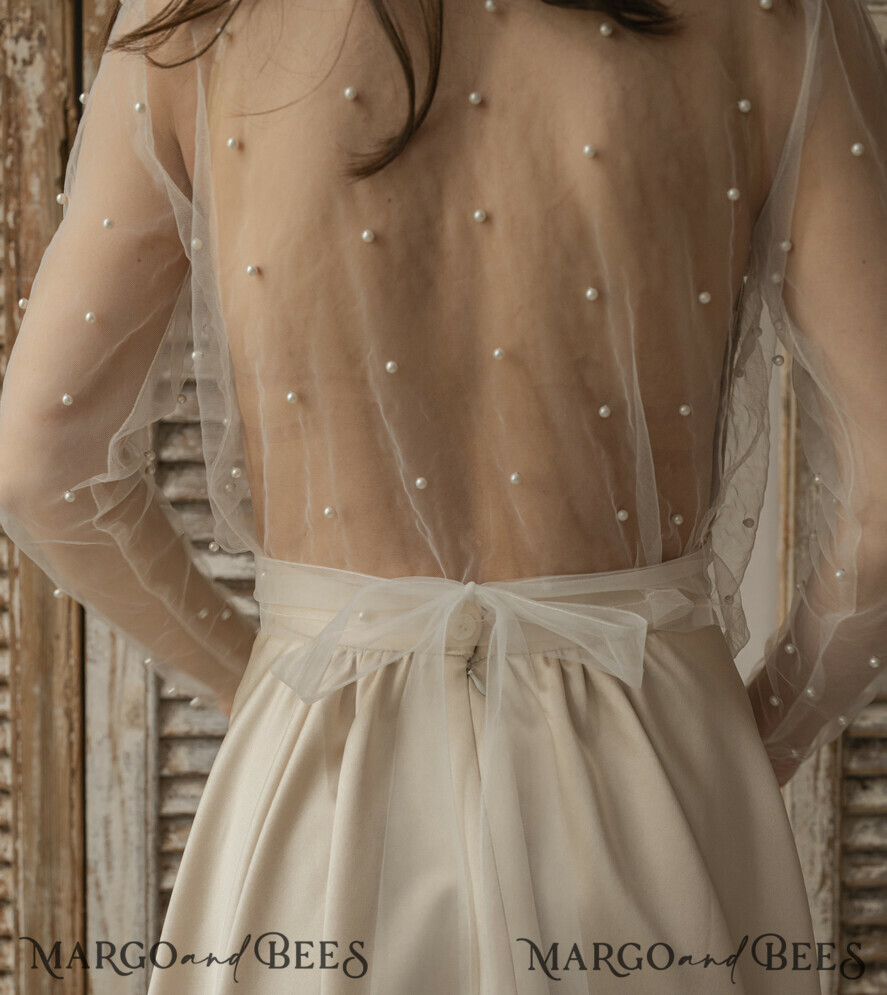 BRIDE bolero, robes, garter LACE WEDDING BOLERO Ivory tulle Beaded Wedding bolero long sleeve, Shrug Women Wedding, Bridal Coverup with pearls , Ivory Blouse for Bride, Bridal Tulle Blouse, dress capalet
