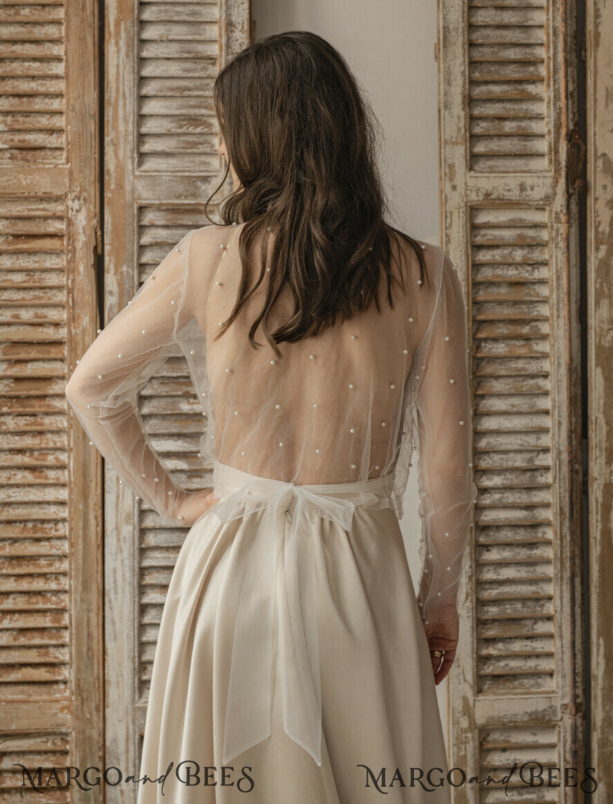 BRIDE bolero, robes, garter LACE WEDDING BOLERO Ivory tulle Beaded Wedding bolero long sleeve, Shrug Women Wedding, Bridal Coverup with pearls , Ivory Blouse for Bride, Bridal Tulle Blouse, dress capalet