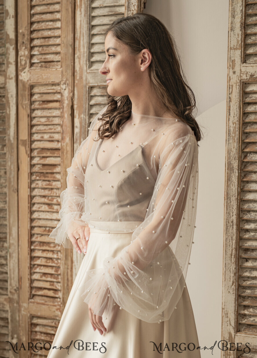 BRIDE bolero, robes, garter LACE WEDDING BOLERO Ivory tulle Beaded Wedding bolero long sleeve, Shrug Women Wedding, Bridal Coverup with pearls , Ivory Blouse for Bride, Bridal Tulle Blouse, dress capalet