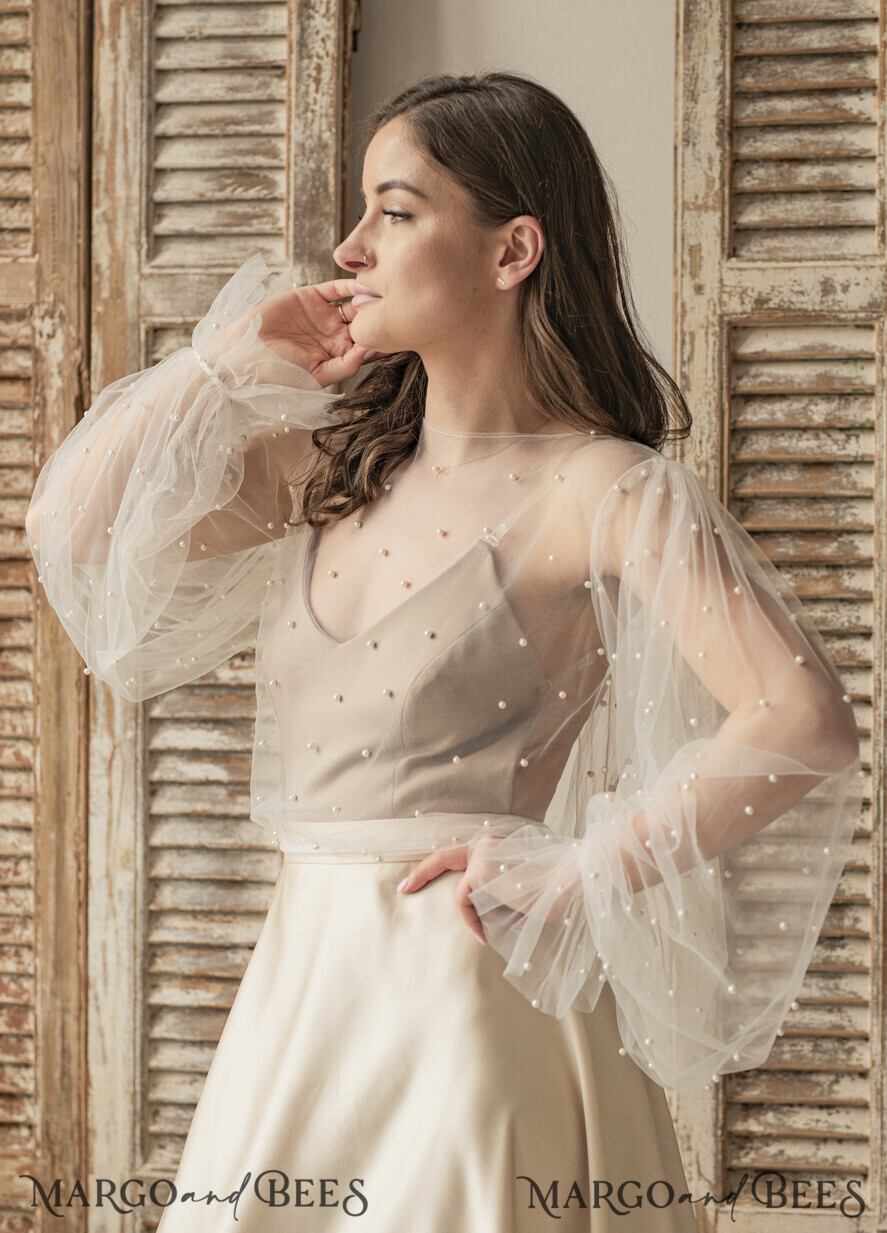 BRIDE bolero, robes, garter LACE WEDDING BOLERO Ivory tulle Beaded Wedding bolero long sleeve, Shrug Women Wedding, Bridal Coverup with pearls , Ivory Blouse for Bride, Bridal Tulle Blouse, dress capalet