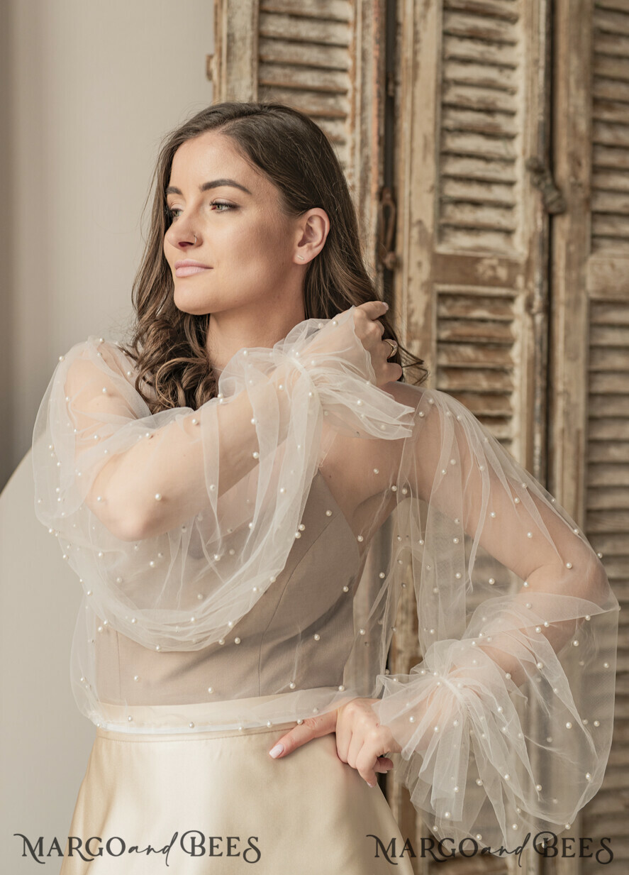 BRIDE bolero, robes, garter LACE WEDDING BOLERO Ivory tulle Beaded Wedding bolero long sleeve, Shrug Women Wedding, Bridal Coverup with pearls , Ivory Blouse for Bride, Bridal Tulle Blouse, dress capalet