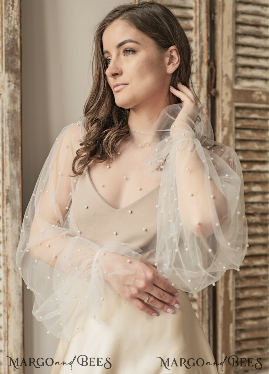 BRIDE bolero, robes, garter LACE WEDDING BOLERO Ivory tulle Beaded Wedding bolero long sleeve, Shrug Women Wedding, Bridal Coverup with pearls , Ivory Blouse for Bride, Bridal Tulle Blouse, dress capalet