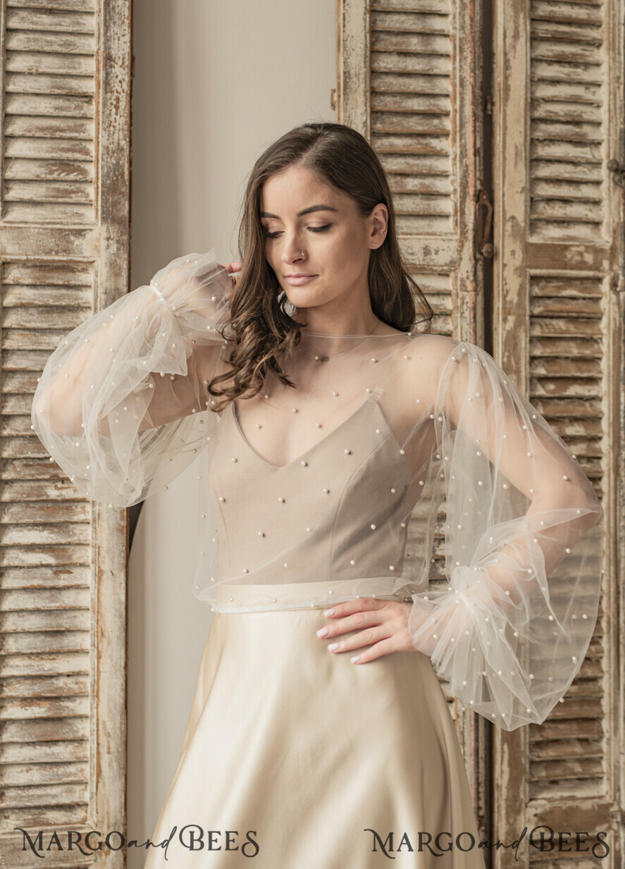 BRIDE bolero, robes, garter LACE WEDDING BOLERO Ivory tulle Beaded Wedding bolero long sleeve, Shrug Women Wedding, Bridal Coverup with pearls , Ivory Blouse for Bride, Bridal Tulle Blouse, dress capalet
