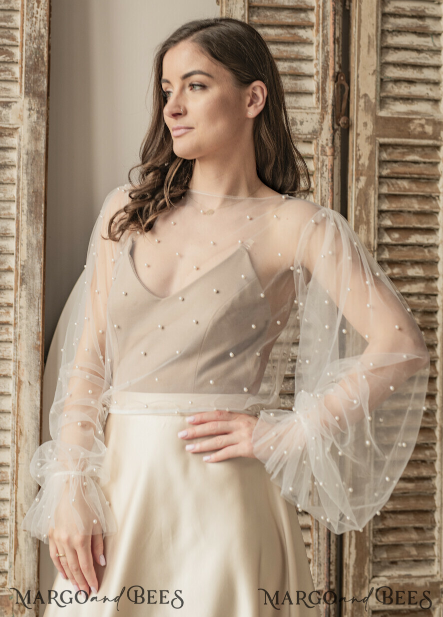 BRIDE bolero, robes, garter LACE WEDDING BOLERO Ivory tulle Beaded Wedding bolero long sleeve, Shrug Women Wedding, Bridal Coverup with pearls , Ivory Blouse for Bride, Bridal Tulle Blouse, dress capalet