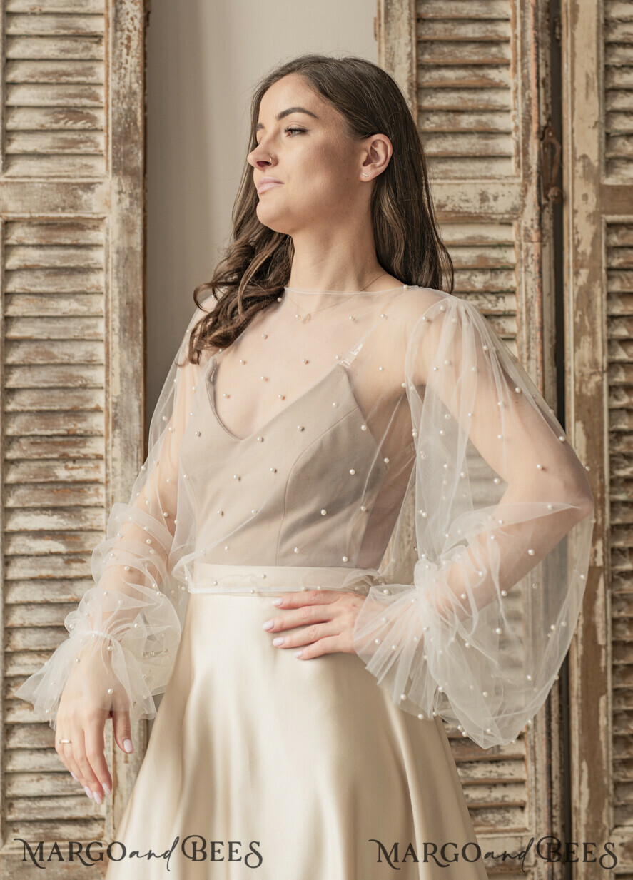 BRIDE bolero, robes, garter LACE WEDDING BOLERO Ivory tulle Beaded Wedding bolero long sleeve, Shrug Women Wedding, Bridal Coverup with pearls , Ivory Blouse for Bride, Bridal Tulle Blouse, dress capalet