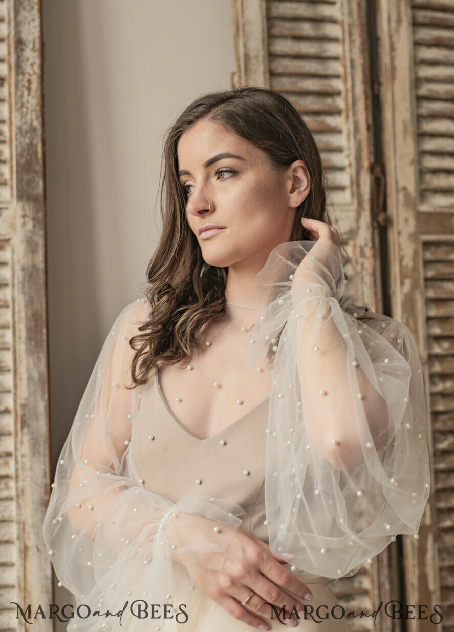 BRIDE bolero, robes, garter LACE WEDDING BOLERO Ivory tulle Beaded Wedding bolero long sleeve, Shrug Women Wedding, Bridal Coverup with pearls , Ivory Blouse for Bride, Bridal Tulle Blouse, dress capalet