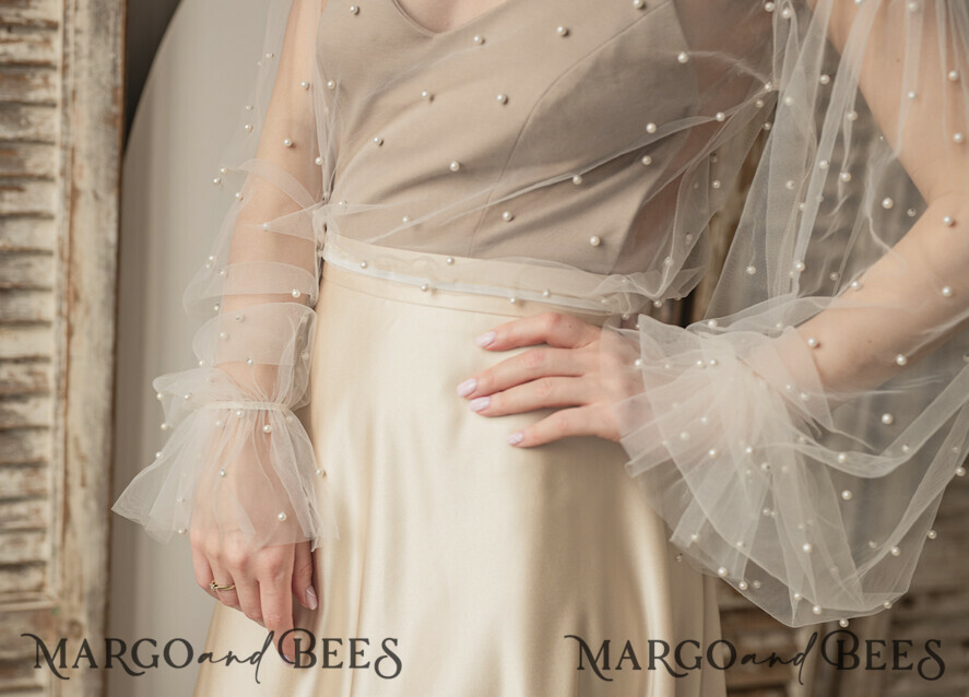 BRIDE bolero, robes, garter LACE WEDDING BOLERO Ivory tulle Beaded Wedding bolero long sleeve, Shrug Women Wedding, Bridal Coverup with pearls , Ivory Blouse for Bride, Bridal Tulle Blouse, dress capalet