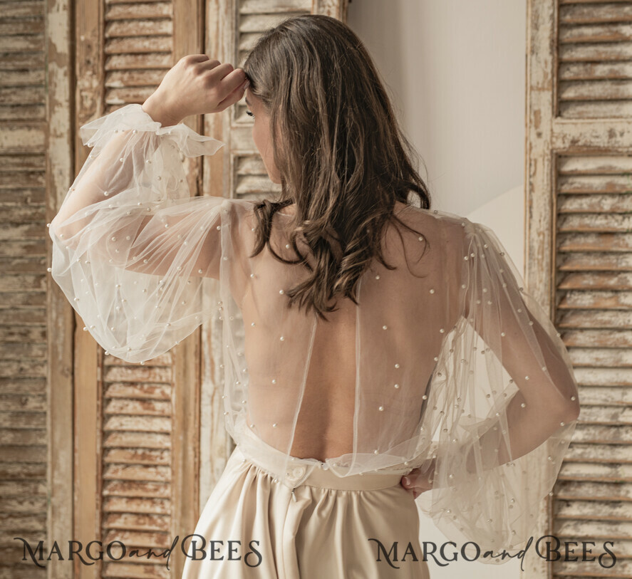 BRIDE bolero, robes, garter LACE WEDDING BOLERO Ivory tulle Beaded Wedding bolero long sleeve, Shrug Women Wedding, Bridal Coverup with pearls , Ivory Blouse for Bride, Bridal Tulle Blouse, dress capalet