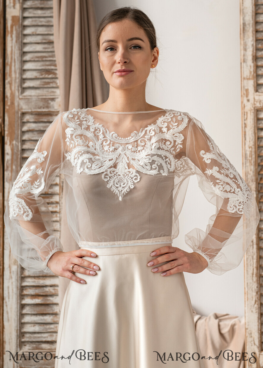 BRIDE bolero, robes, garter LACE WEDDING BOLERO Ivory Lace Wedding bolero puff sleeve, Shrug Women Wedding, Bridal Backless Coverup, Ivory Blouse for Bride, Bridal Lace Blouse, dress capalet