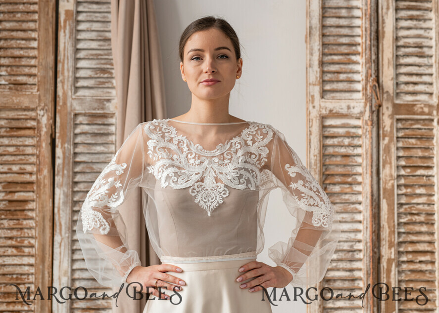 BRIDE bolero, robes, garter LACE WEDDING BOLERO Ivory Lace Wedding bolero puff sleeve, Shrug Women Wedding, Bridal Backless Coverup, Ivory Blouse for Bride, Bridal Lace Blouse, dress capalet