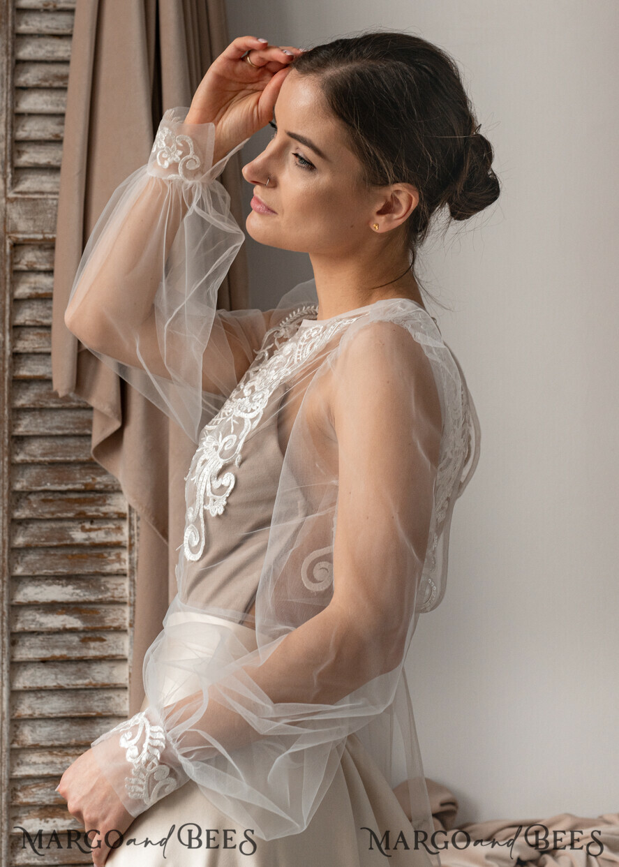 BRIDE bolero, robes, garter LACE WEDDING BOLERO Ivory Lace Wedding bolero long sleeve, Shrug Women Wedding, Bridal Backless Coverup, Boho Blouse for Bride, Wedding Dress Topper