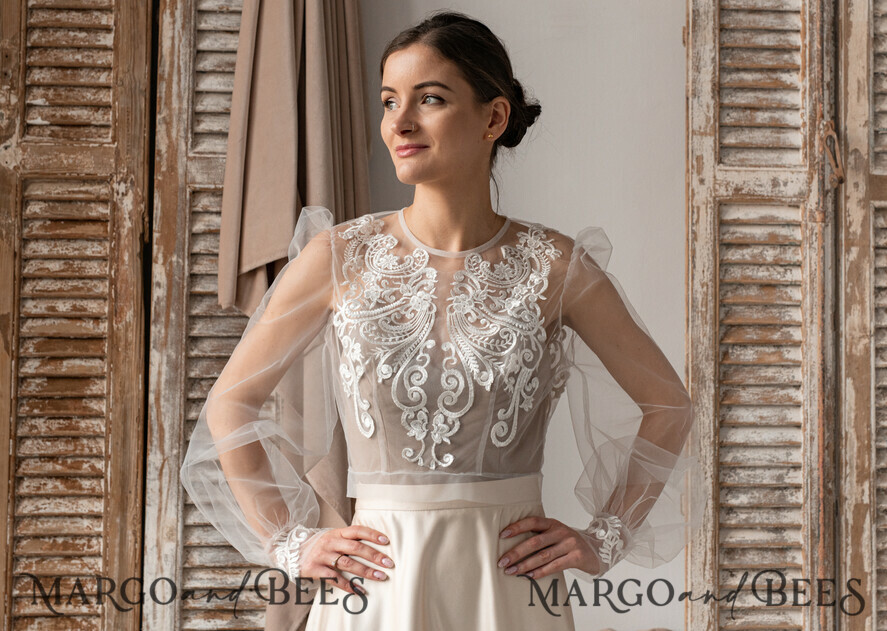 BRIDE bolero, robes, garter LACE WEDDING BOLERO Ivory Lace Wedding bolero long sleeve, Shrug Women Wedding, Bridal Backless Coverup, Boho Blouse for Bride, Wedding Dress Topper