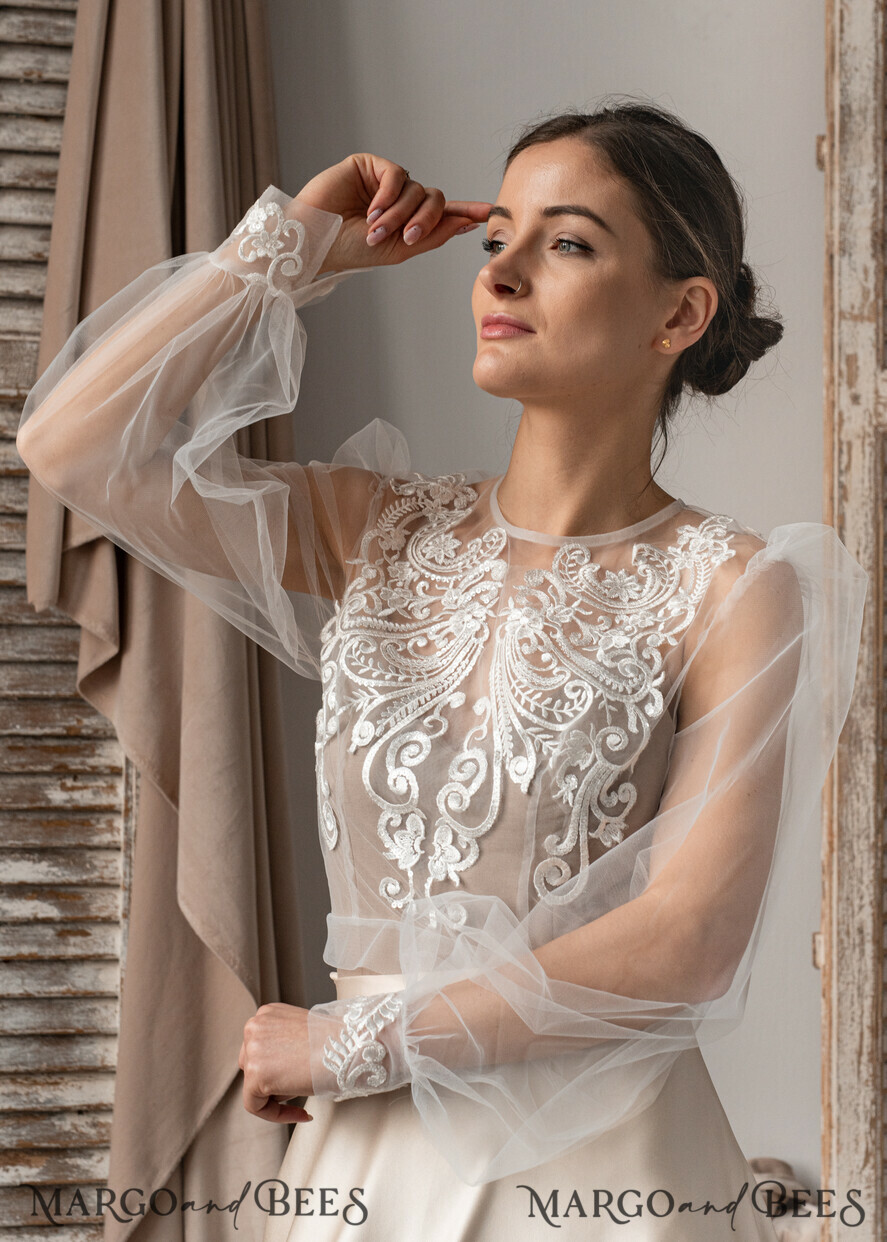BRIDE bolero, robes, garter LACE WEDDING BOLERO Ivory Lace Wedding bolero long sleeve, Shrug Women Wedding, Bridal Backless Coverup, Boho Blouse for Bride, Wedding Dress Topper