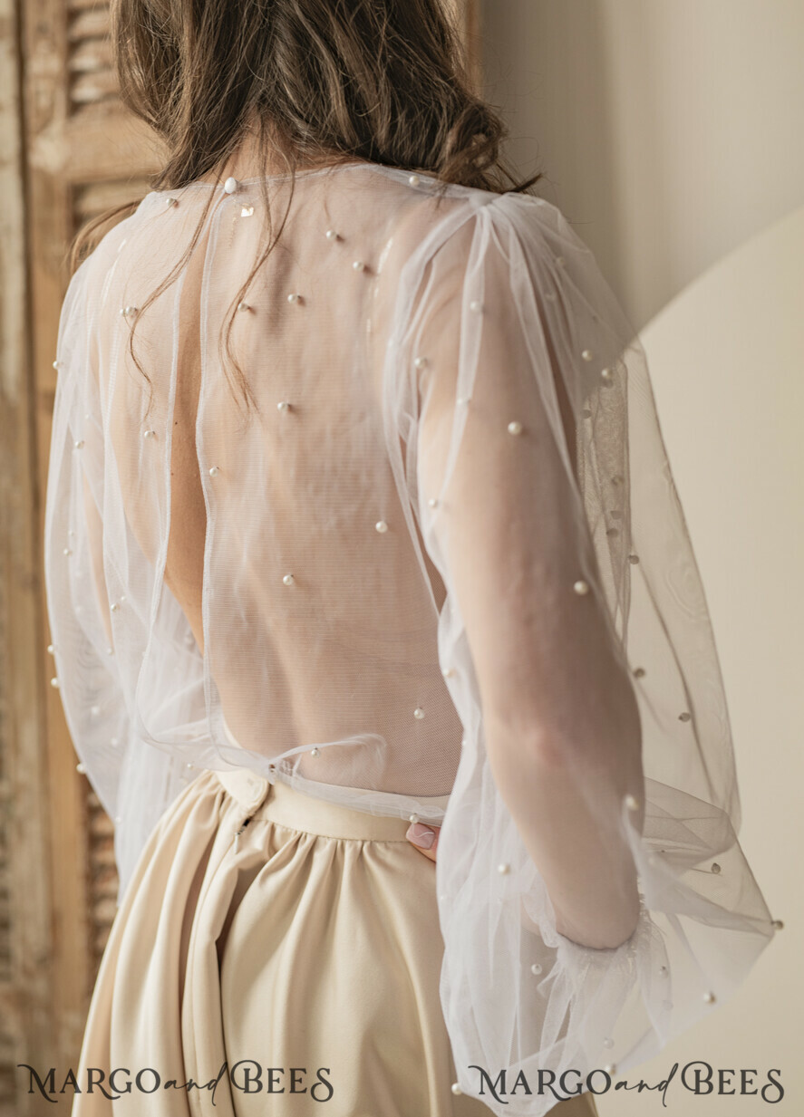 BRIDE bolero, robes, garter LACE WEDDING BOLERO Ivory tulle Beaded Wedding bolero long sleeve, Shrug Women Wedding, Bridal Coverup with pearls , Ivory Blouse for Bride, Bridal Tulle Blouse, dress capalet