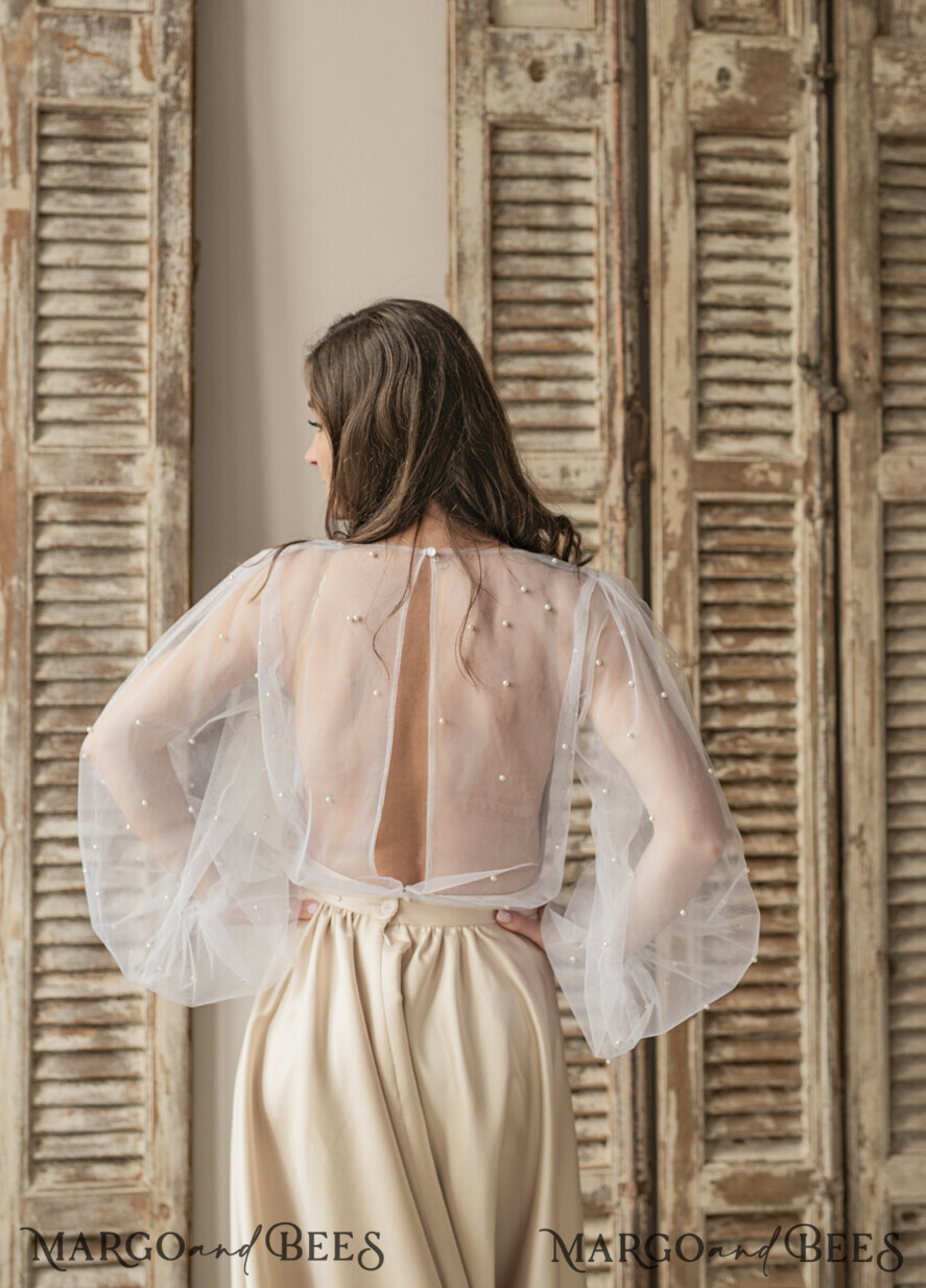 BRIDE bolero, robes, garter LACE WEDDING BOLERO Ivory tulle Beaded Wedding bolero long sleeve, Shrug Women Wedding, Bridal Coverup with pearls , Ivory Blouse for Bride, Bridal Tulle Blouse, dress capalet