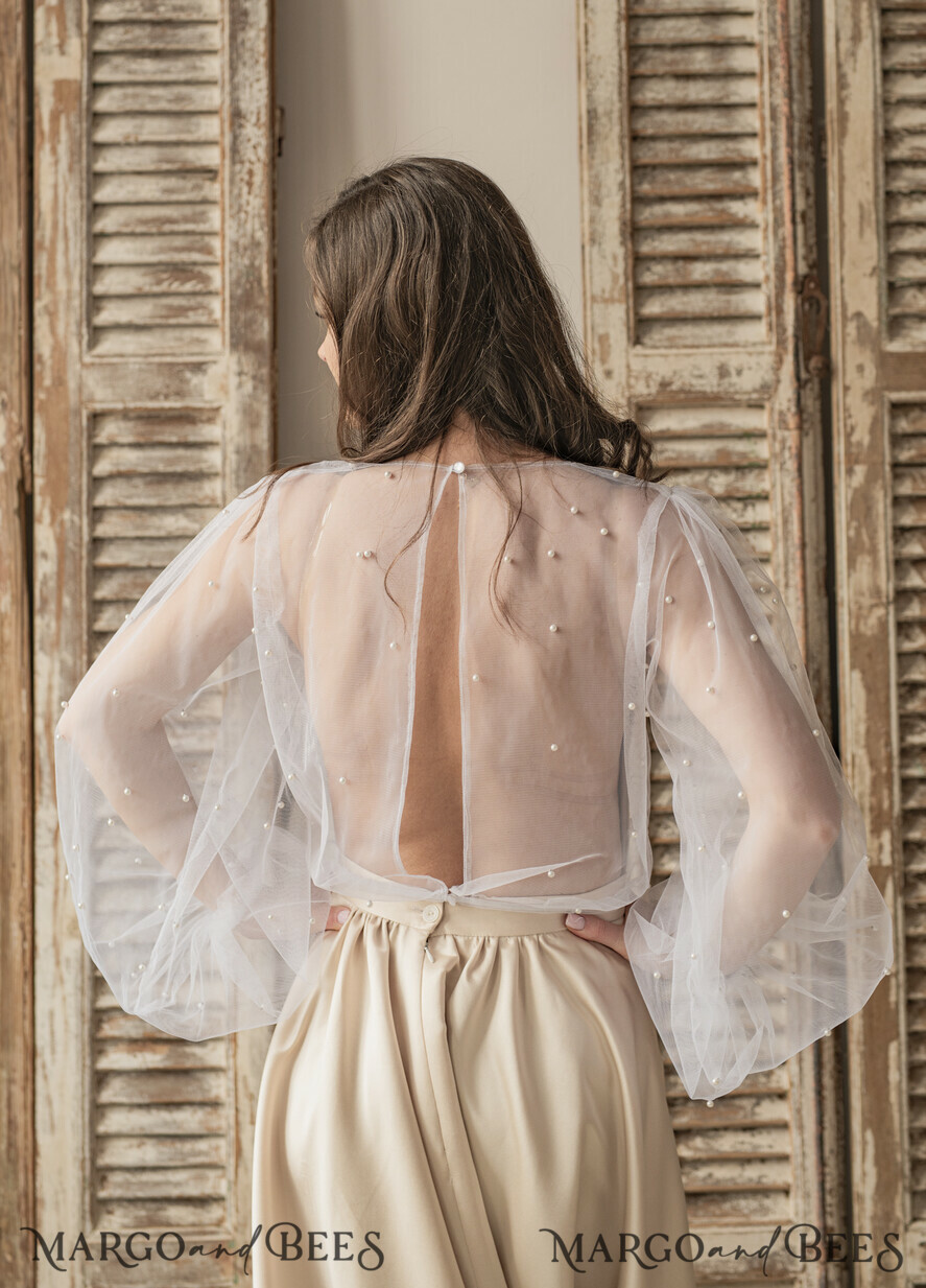 BRIDE bolero, robes, garter LACE WEDDING BOLERO Ivory tulle Beaded Wedding bolero long sleeve, Shrug Women Wedding, Bridal Coverup with pearls , Ivory Blouse for Bride, Bridal Tulle Blouse, dress capalet
