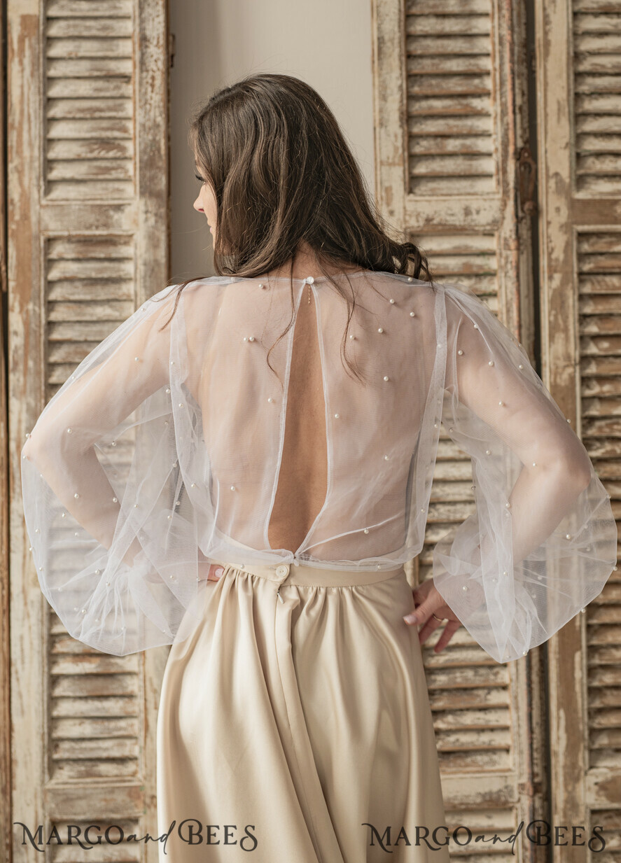 BRIDE bolero, robes, garter LACE WEDDING BOLERO Ivory tulle Beaded Wedding bolero long sleeve, Shrug Women Wedding, Bridal Coverup with pearls , Ivory Blouse for Bride, Bridal Tulle Blouse, dress capalet