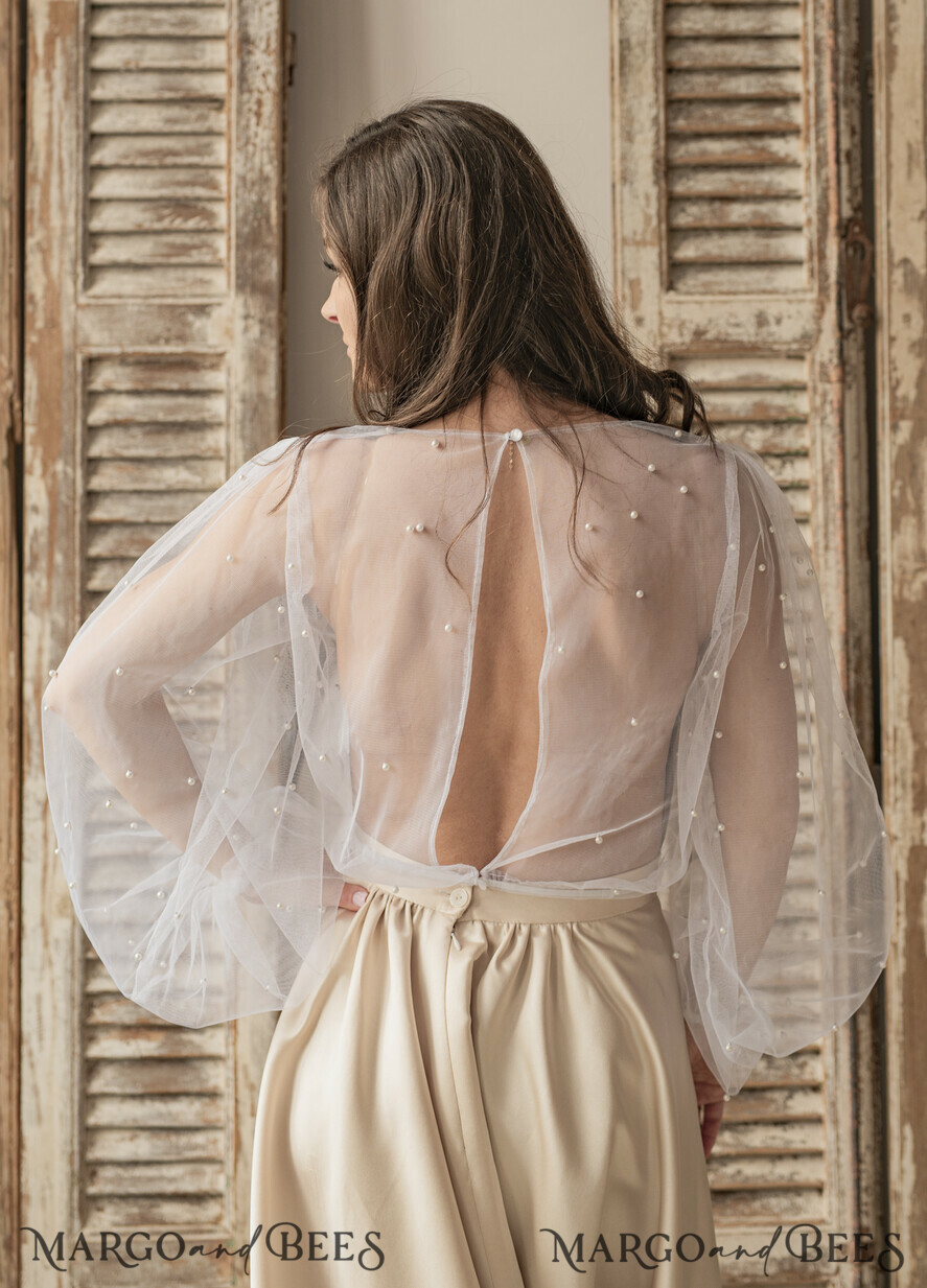 BRIDE bolero, robes, garter LACE WEDDING BOLERO Ivory tulle Beaded Wedding bolero long sleeve, Shrug Women Wedding, Bridal Coverup with pearls , Ivory Blouse for Bride, Bridal Tulle Blouse, dress capalet