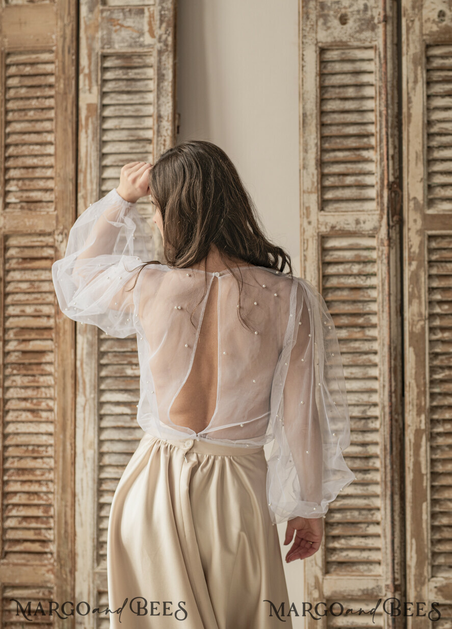 BRIDE bolero, robes, garter LACE WEDDING BOLERO Ivory tulle Beaded Wedding bolero long sleeve, Shrug Women Wedding, Bridal Coverup with pearls , Ivory Blouse for Bride, Bridal Tulle Blouse, dress capalet