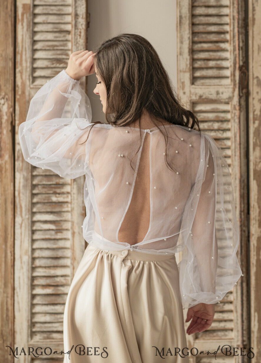 BRIDE bolero, robes, garter LACE WEDDING BOLERO Ivory tulle Beaded Wedding bolero long sleeve, Shrug Women Wedding, Bridal Coverup with pearls , Ivory Blouse for Bride, Bridal Tulle Blouse, dress capalet