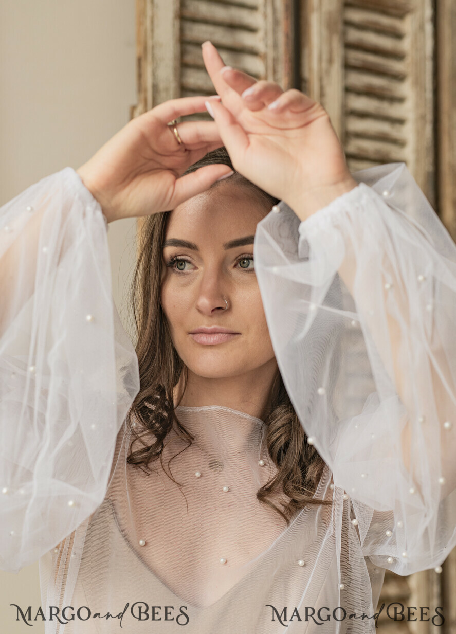 BRIDE bolero, robes, garter LACE WEDDING BOLERO Ivory tulle Beaded Wedding bolero long sleeve, Shrug Women Wedding, Bridal Coverup with pearls , Ivory Blouse for Bride, Bridal Tulle Blouse, dress capalet