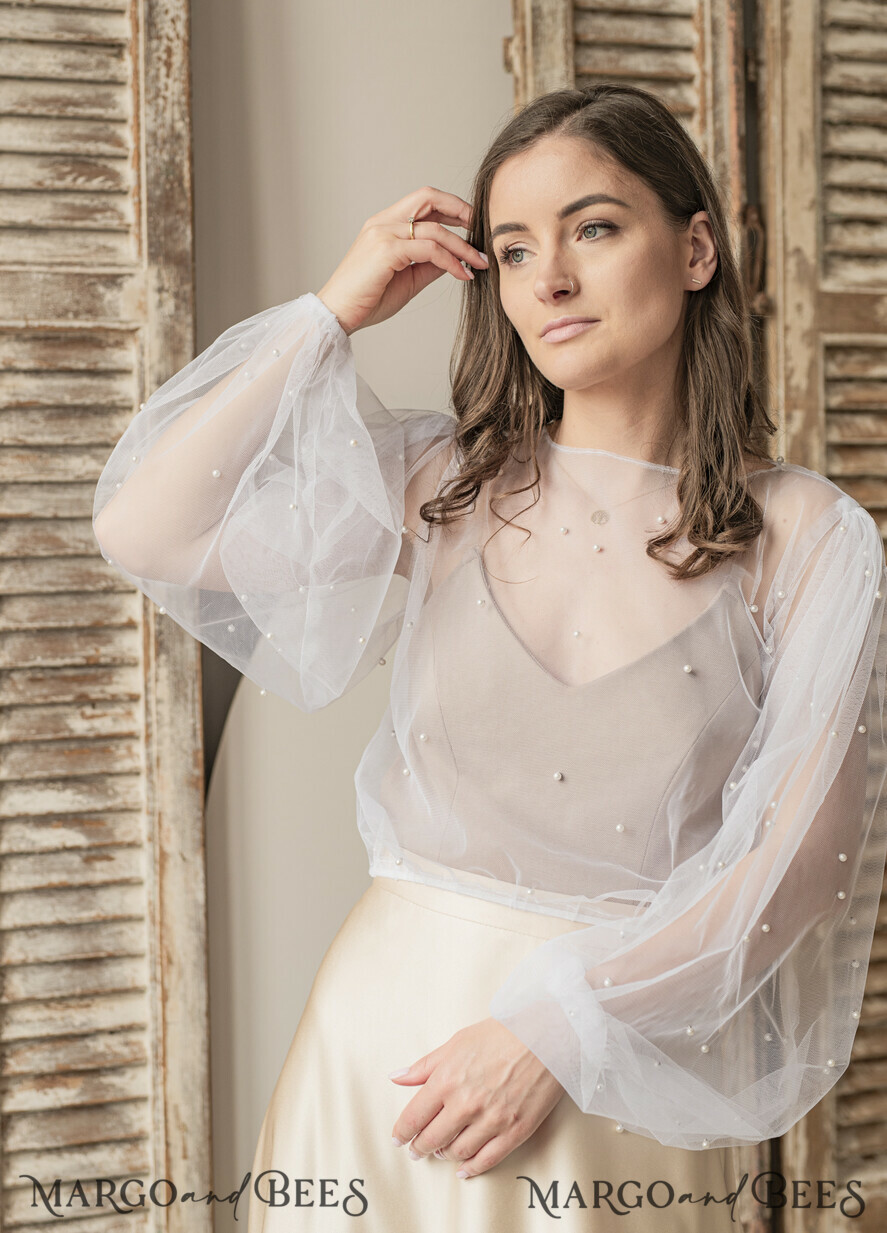 BRIDE bolero, robes, garter LACE WEDDING BOLERO Ivory tulle Beaded Wedding bolero long sleeve, Shrug Women Wedding, Bridal Coverup with pearls , Ivory Blouse for Bride, Bridal Tulle Blouse, dress capalet