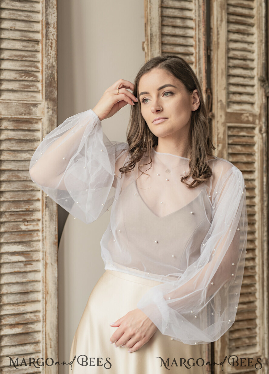 BRIDE bolero, robes, garter LACE WEDDING BOLERO Ivory tulle Beaded Wedding bolero long sleeve, Shrug Women Wedding, Bridal Coverup with pearls , Ivory Blouse for Bride, Bridal Tulle Blouse, dress capalet