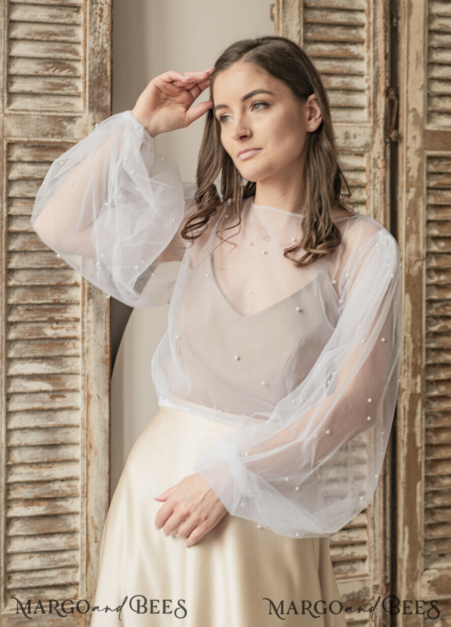BRIDE bolero, robes, garter LACE WEDDING BOLERO Ivory tulle Beaded Wedding bolero long sleeve, Shrug Women Wedding, Bridal Coverup with pearls , Ivory Blouse for Bride, Bridal Tulle Blouse, dress capalet