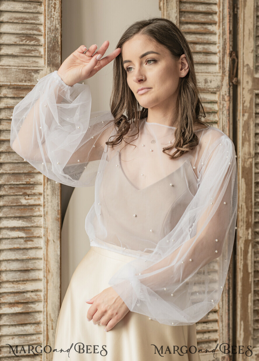 BRIDE bolero, robes, garter LACE WEDDING BOLERO Ivory tulle Beaded Wedding bolero long sleeve, Shrug Women Wedding, Bridal Coverup with pearls , Ivory Blouse for Bride, Bridal Tulle Blouse, dress capalet