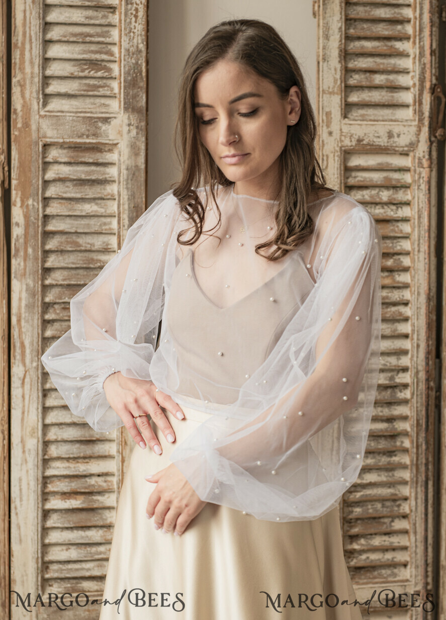 BRIDE bolero, robes, garter LACE WEDDING BOLERO Ivory tulle Beaded Wedding bolero long sleeve, Shrug Women Wedding, Bridal Coverup with pearls , Ivory Blouse for Bride, Bridal Tulle Blouse, dress capalet