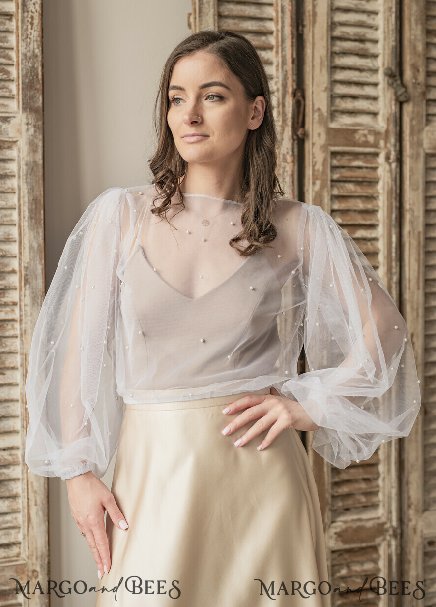 BRIDE bolero, robes, garter LACE WEDDING BOLERO Ivory tulle Beaded Wedding bolero long sleeve, Shrug Women Wedding, Bridal Coverup with pearls , Ivory Blouse for Bride, Bridal Tulle Blouse, dress capalet