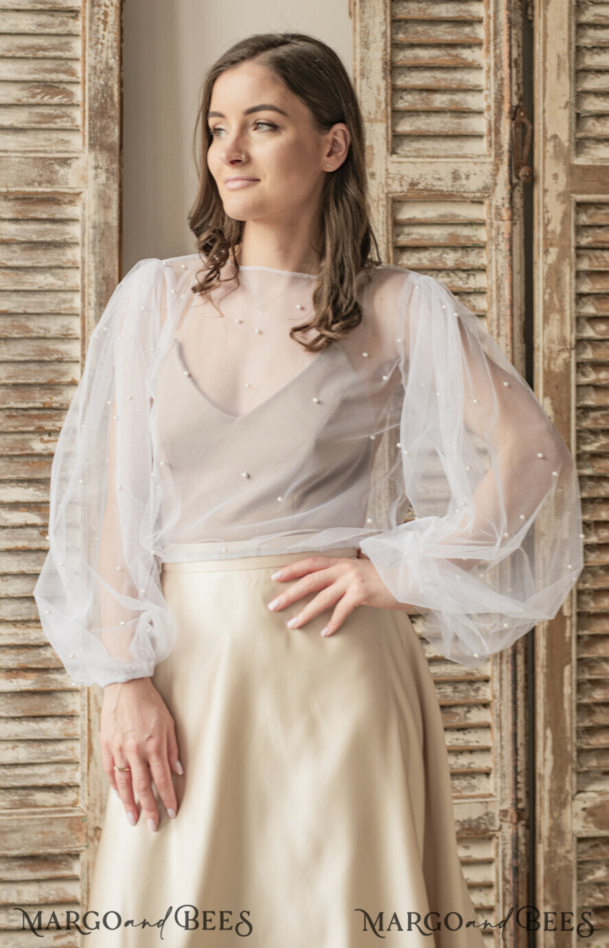 BRIDE bolero, robes, garter LACE WEDDING BOLERO Ivory tulle Beaded Wedding bolero long sleeve, Shrug Women Wedding, Bridal Coverup with pearls , Ivory Blouse for Bride, Bridal Tulle Blouse, dress capalet