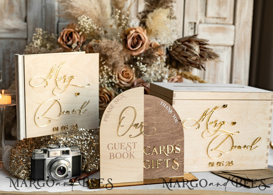 CARD BOXES Wood Eco Rustic Card boxes rustic wood Set Card Box Guestbook & Sign, Wedding Card Box with lock Instant Instax Guestbook, wooden Wedding Money Box Sing Guestbook Set, Card Box with slot and lock cards and gift Arch acrylic sign set