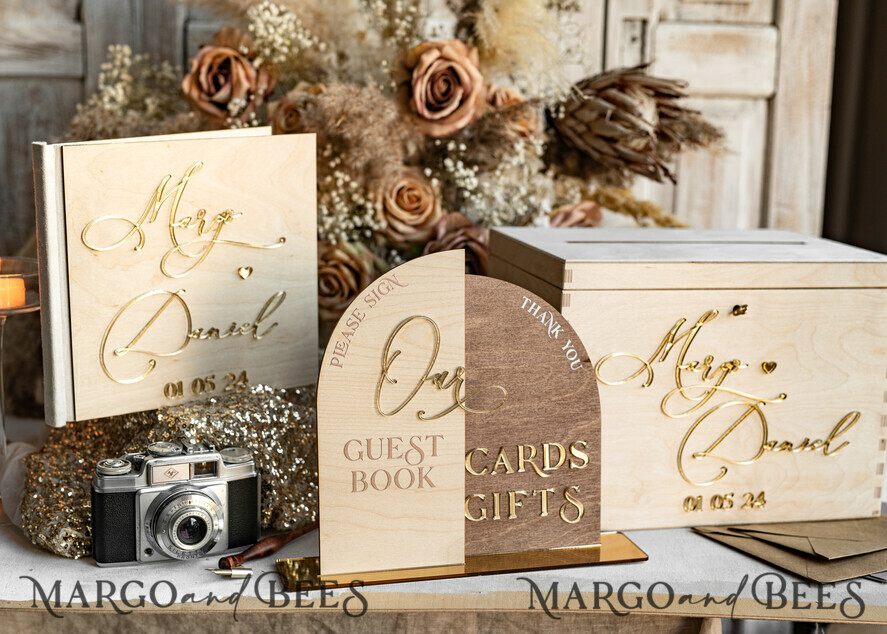 CARD BOXES Wood Eco Rustic Card boxes rustic wood Set Card Box Guestbook & Sign, Wedding Card Box with lock Instant Instax Guestbook, wooden Wedding Money Box Sing Guestbook Set, Card Box with slot and lock cards and gift Arch acrylic sign set