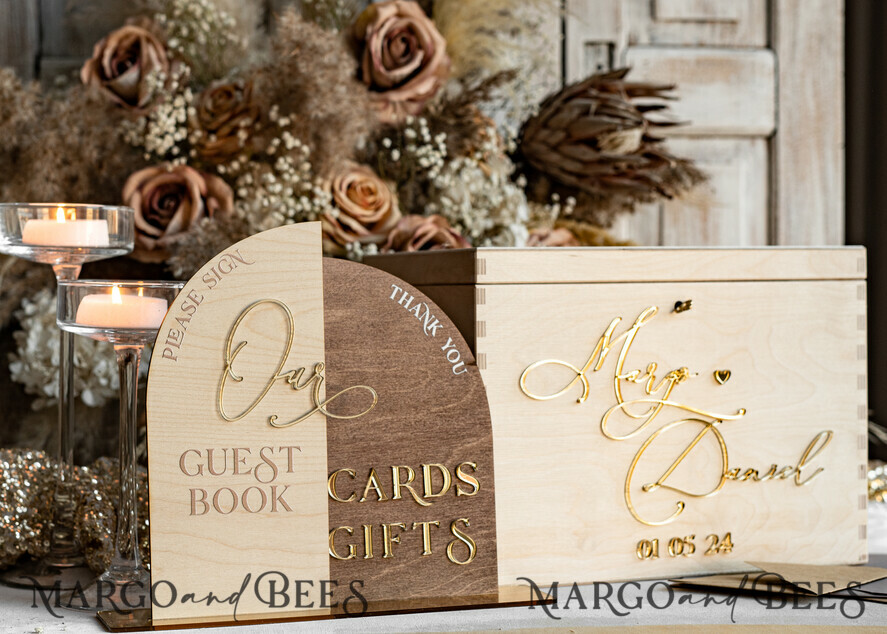 CARD BOXES Wood Eco Rustic Card boxes rustic wood Set Card Box Guestbook & Sign, Wedding Card Box with lock Instant Instax Guestbook, wooden Wedding Money Box Sing Guestbook Set, Card Box with slot and lock cards and gift Arch acrylic sign set