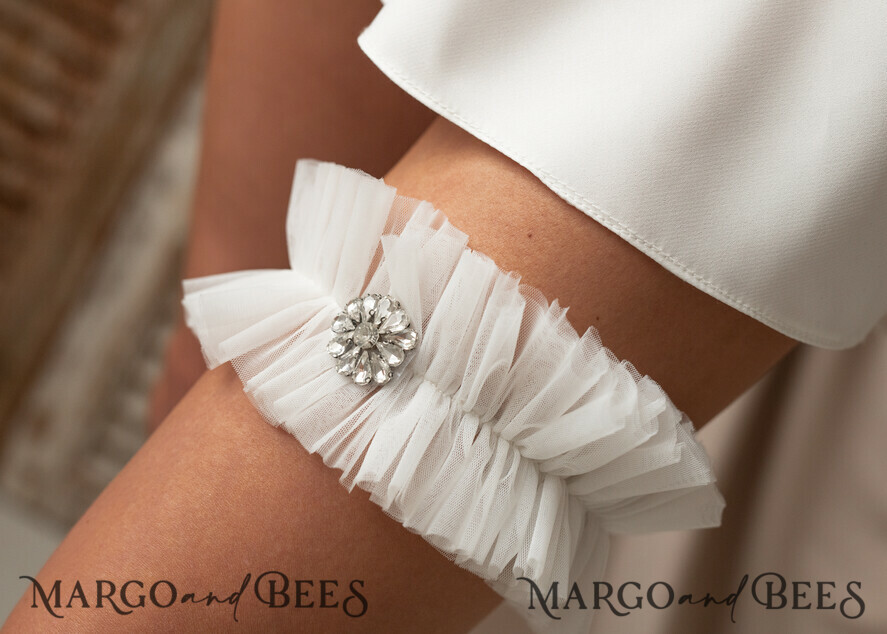 BRIDE bolero, robes, garter GARTER FOR BRIDE wedding garter set in box, tulle & crystals garter set, garter for bride, bridal shower gift for bride, ivory tulle garter set, gift for bride