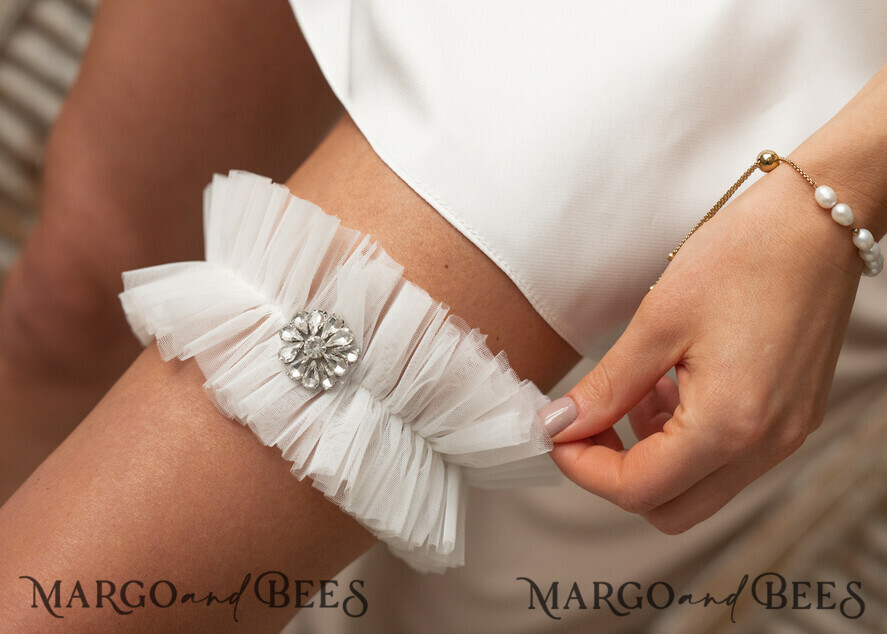 BRIDE bolero, robes, garter GARTER FOR BRIDE wedding garter set in box, tulle & crystals garter set, garter for bride, bridal shower gift for bride, ivory tulle garter set, gift for bride