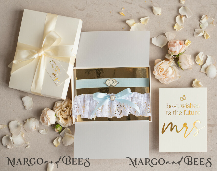BRIDE bolero, robes, garter GARTER FOR BRIDE Set of Two gartes, personalised wedding garter in box, something blue Lace garter & personalised toss set, garter for bride, bridal shower gift for bride, Lace garter set, gift for bride, toss garter
